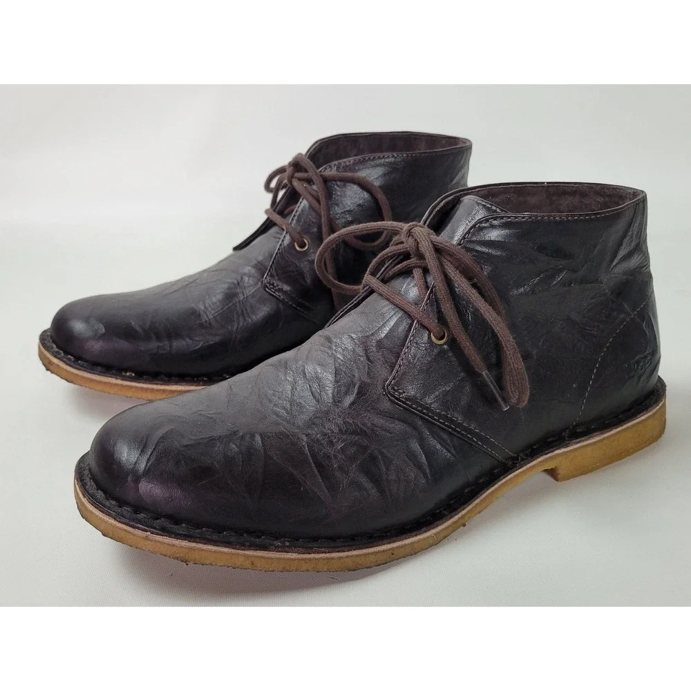UGG Australia Leighton Mens Dark Brown Crinkled Leather Chukka Desert Boots 11.5